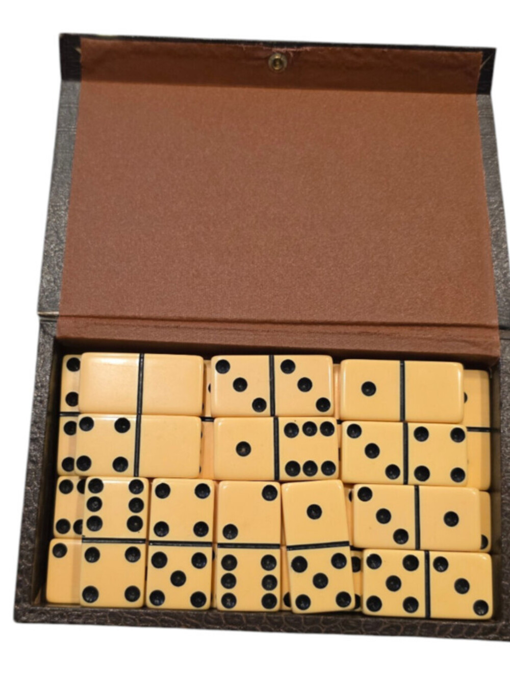 Vintage Set of 24 Butterscotch BAKELITE DOMINOES Faux Leather Case